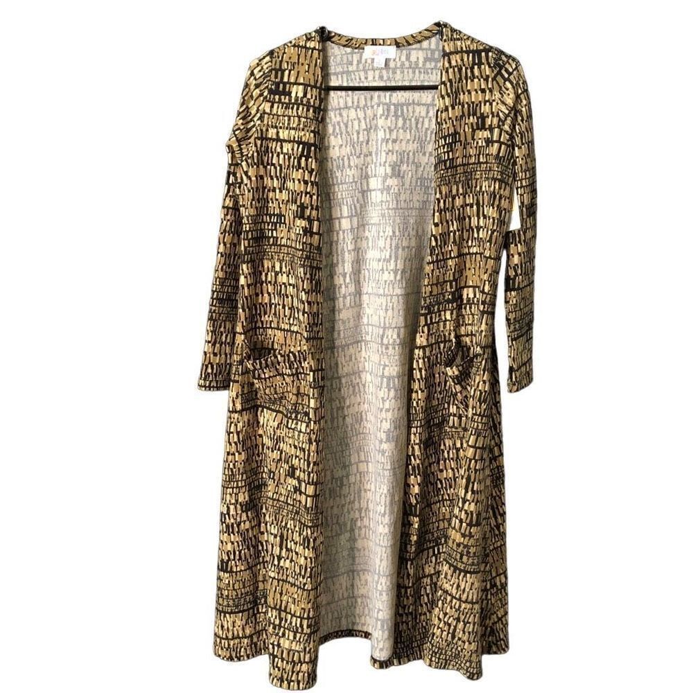 LuLaRoe Duster Womens S Sarah Sweater Open Cardigan Tan Black Pockets NWT